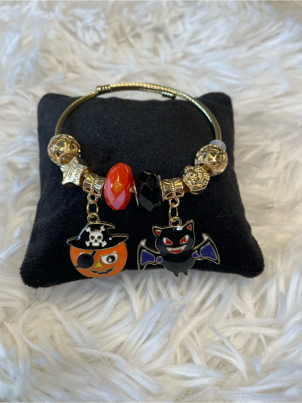 Halloween Charm Bracelet with Orange Pumpkin & Black Bat Charms